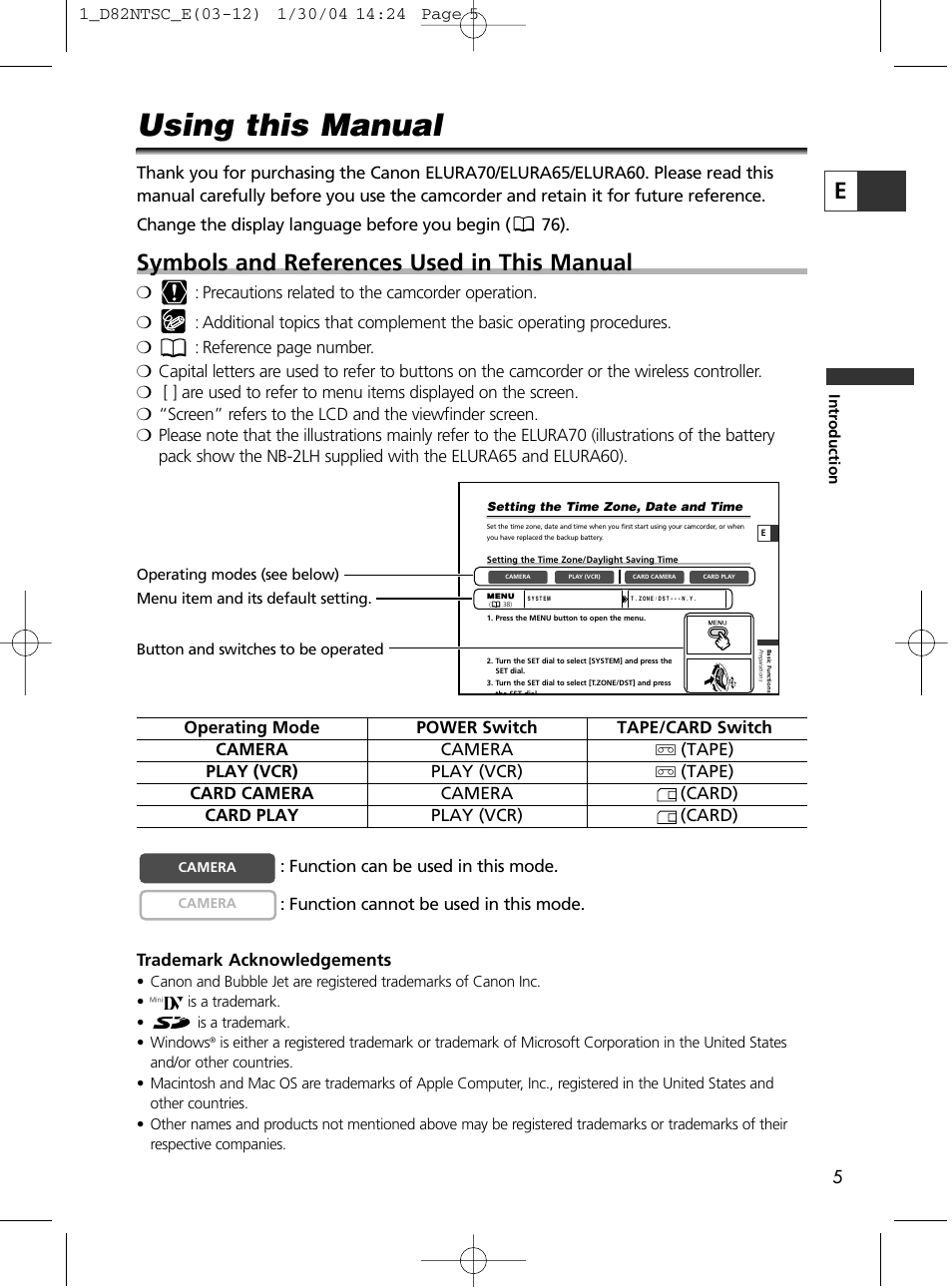 Using this manual, Symbols and references used in this manual | Canon Elura 65 User Manual | Page 5 / 162