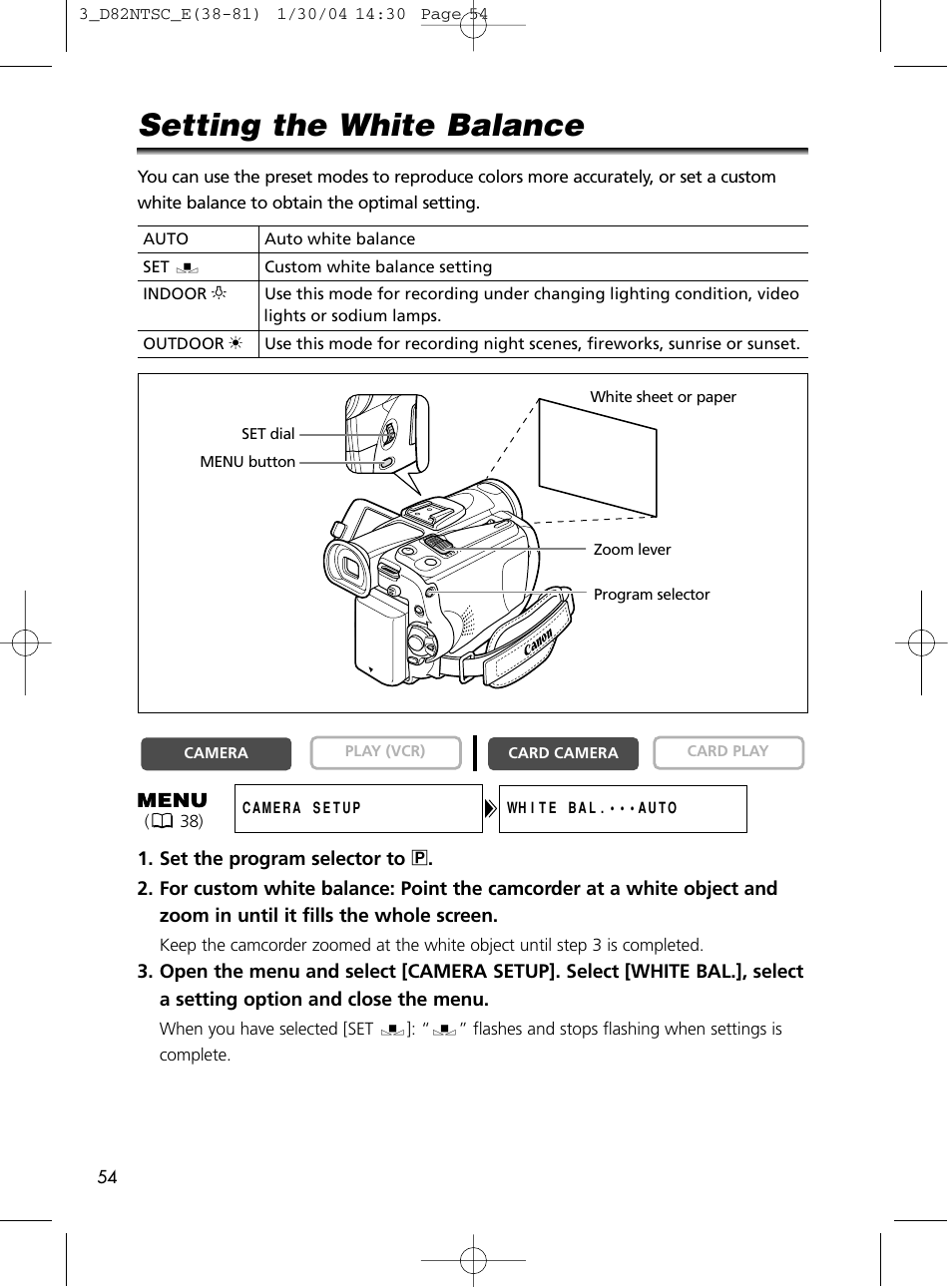 Setting the white balance | Canon Elura 65 User Manual | Page 54 / 162