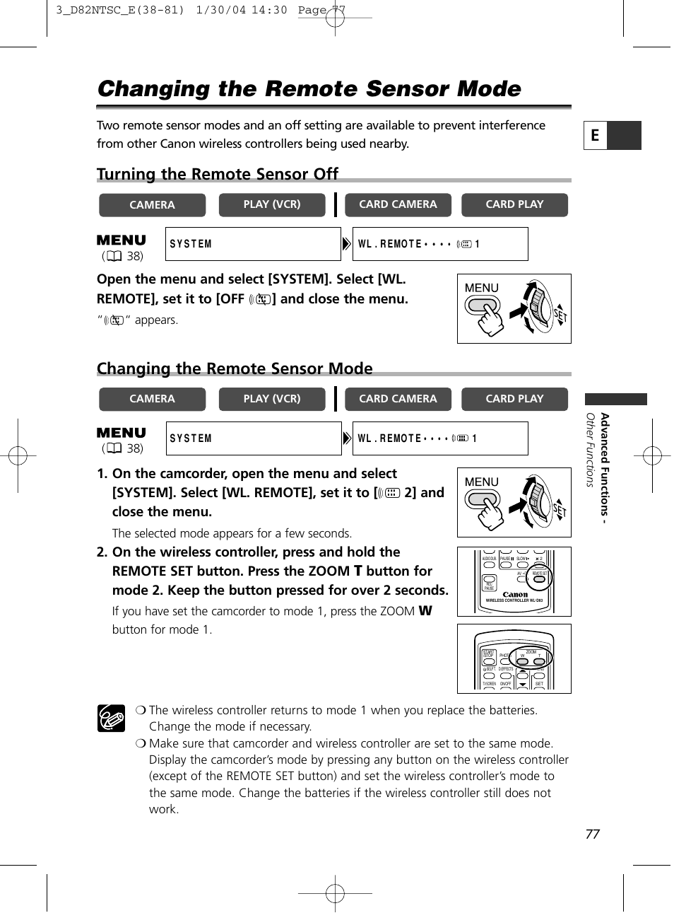 Changing the remote sensor mode, Turning the remote sensor off | Canon Elura 65 User Manual | Page 77 / 162