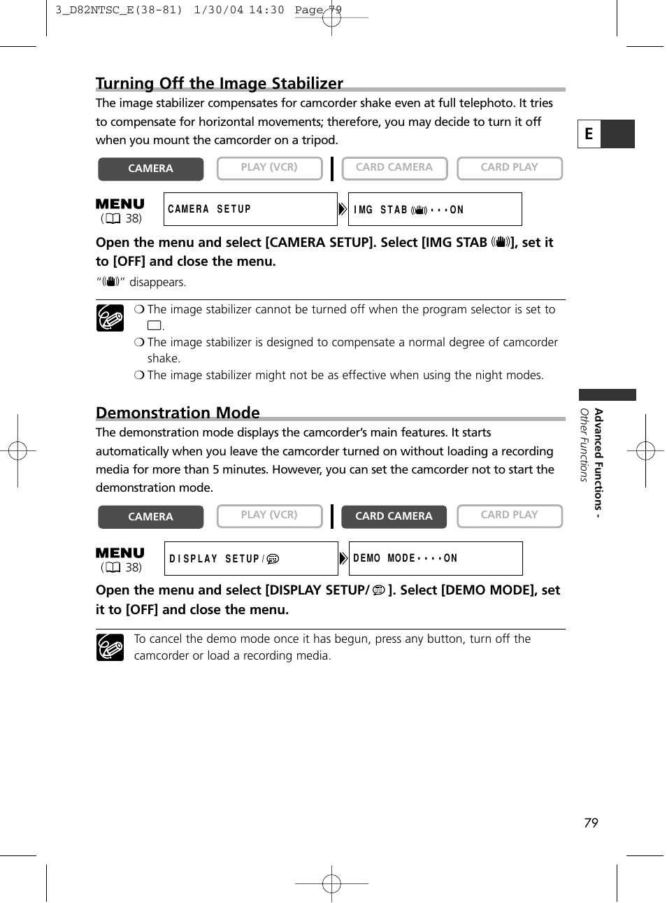 Eturning off the image stabilizer, Demonstration mode | Canon Elura 65 User Manual | Page 79 / 162