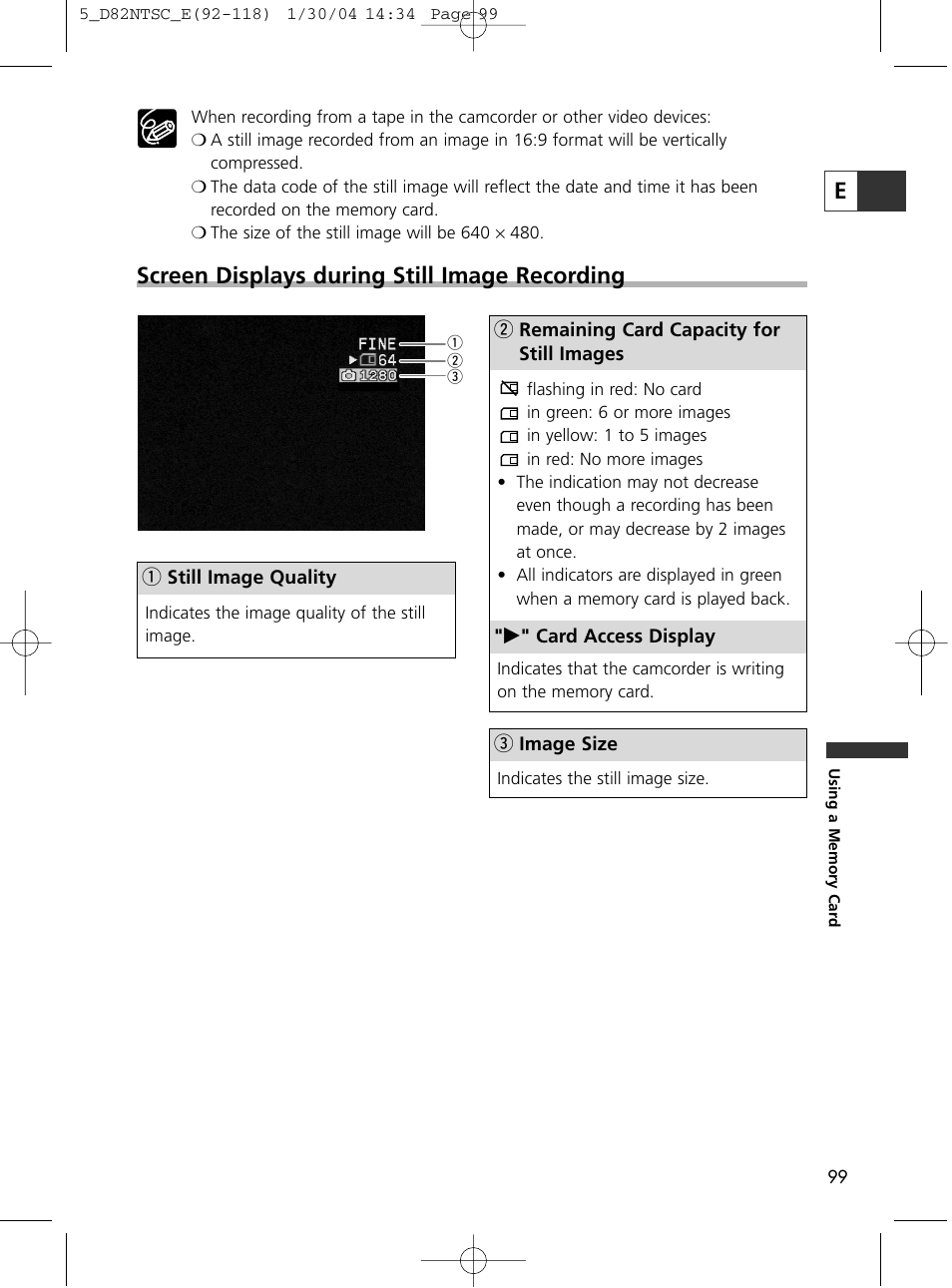 Screen displays during still image recording | Canon Elura 65 User Manual | Page 99 / 162