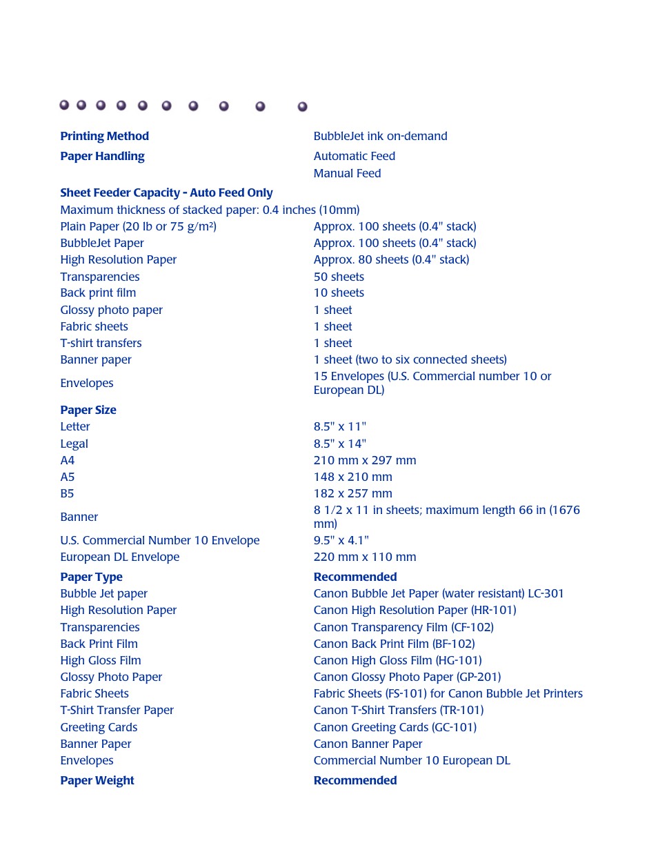 Chp.6: specifications, Specifications | Canon BJC-250 User Manual | Page 74 / 77