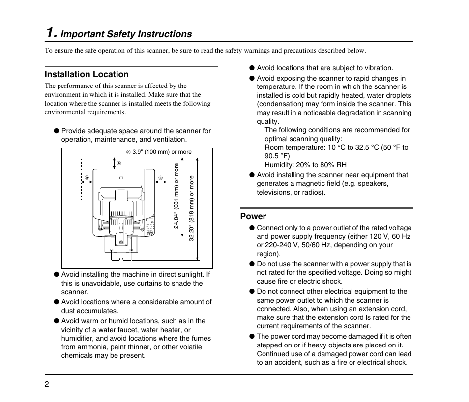 Important safety instructions, Installation location, Power | Installation location power | Canon IMAGE FORMULA DR-9050C User Manual | Page 10 / 68