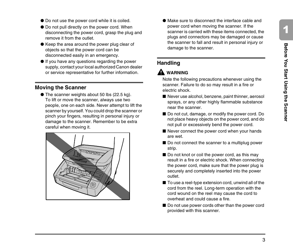 Moving the scanner, Handling, Moving the scanner handling | Canon IMAGE FORMULA DR-9050C User Manual | Page 11 / 68