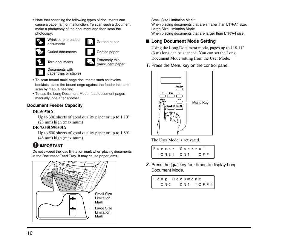 See “long document mode setting” on p. 16.) | Canon IMAGE FORMULA DR-9050C User Manual | Page 24 / 68