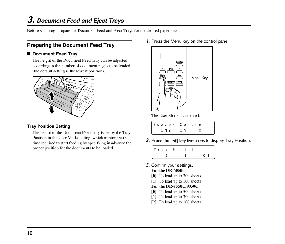 Document feed and eject trays, Preparing the document feed tray, See “preparing the document feed tray” on p. 18.) | Canon IMAGE FORMULA DR-9050C User Manual | Page 26 / 68