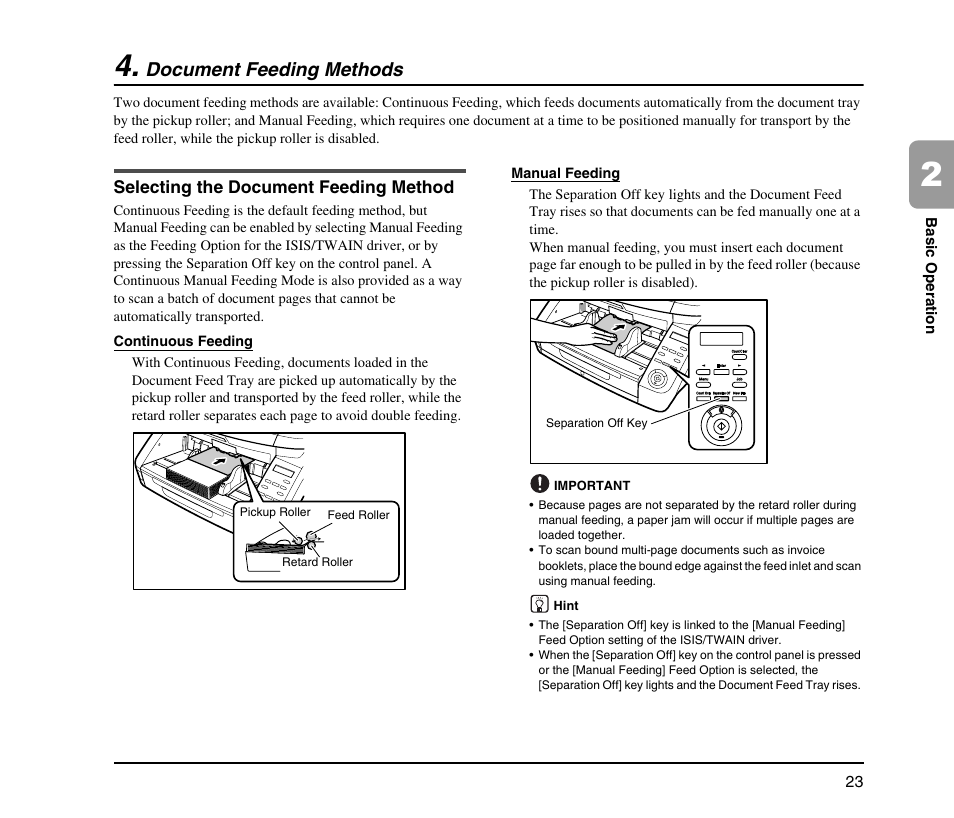 Document feeding methods, Selecting the document feeding method | Canon IMAGE FORMULA DR-9050C User Manual | Page 31 / 68