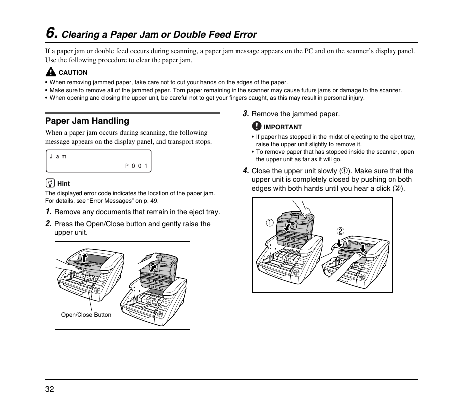 Clearing a paper jam or double feed error, Paper jam handling | Canon IMAGE FORMULA DR-9050C User Manual | Page 40 / 68