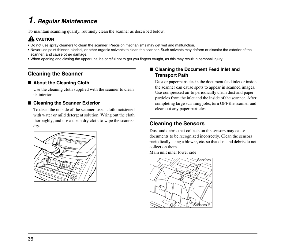 Regular maintenance, Cleaning the scanner, Cleaning the sensors | Cleaning the scanner cleaning the sensors | Canon IMAGE FORMULA DR-9050C User Manual | Page 44 / 68