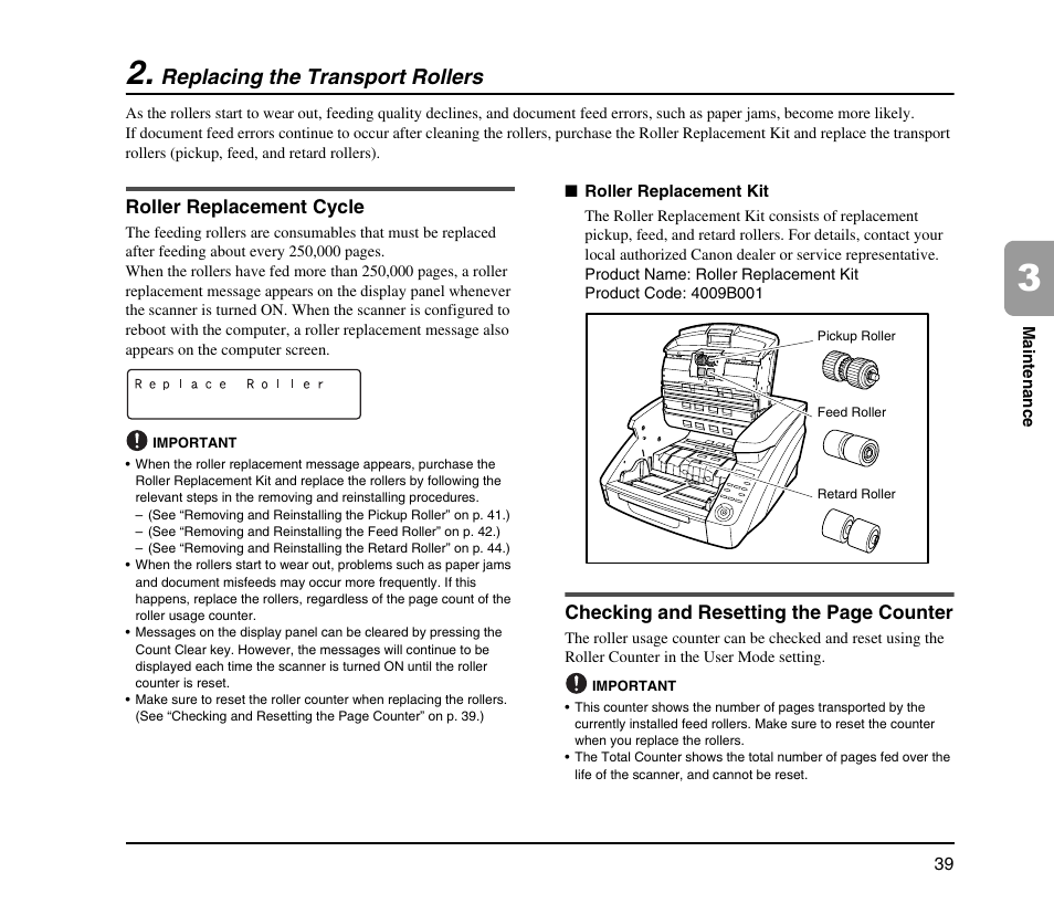 Replacing the transport rollers, Roller replacement cycle | Canon IMAGE FORMULA DR-9050C User Manual | Page 47 / 68