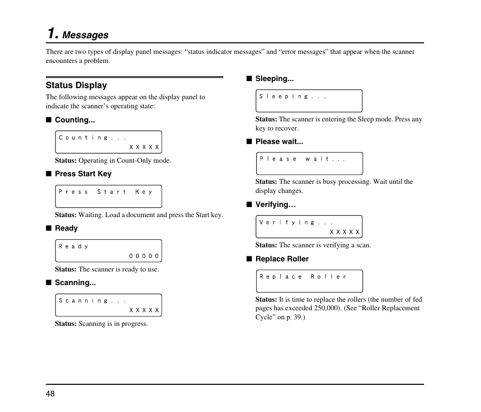 Messages, Status display | Canon IMAGE FORMULA DR-9050C User Manual | Page 56 / 68