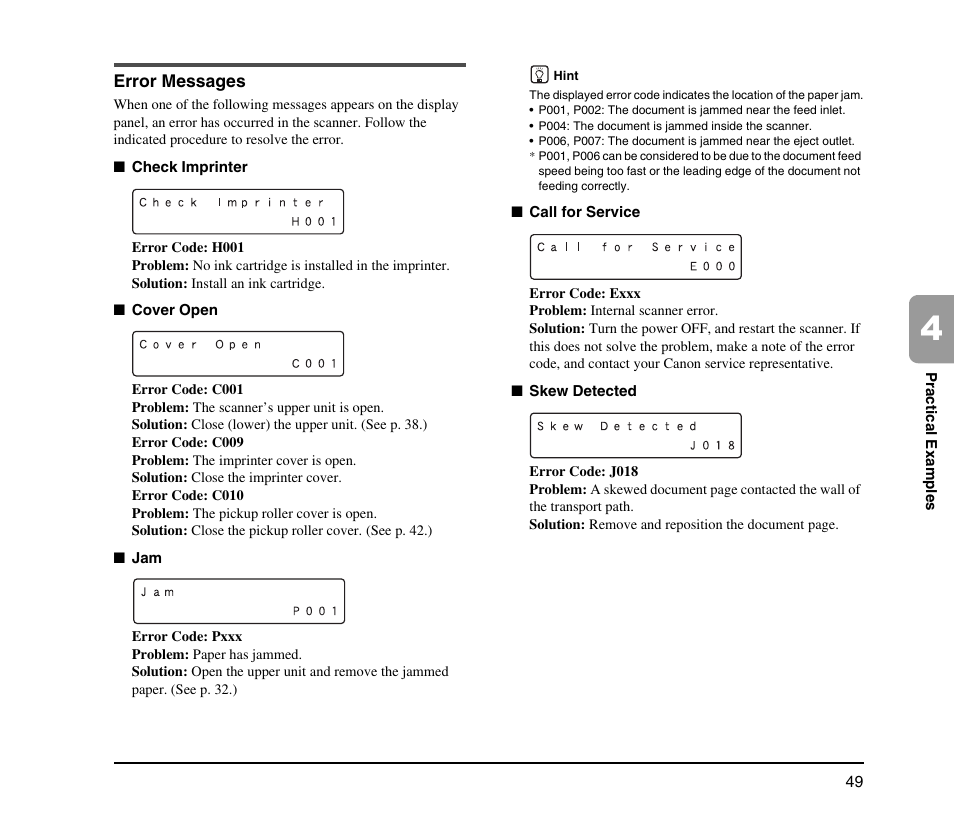 Error messages | Canon IMAGE FORMULA DR-9050C User Manual | Page 57 / 68