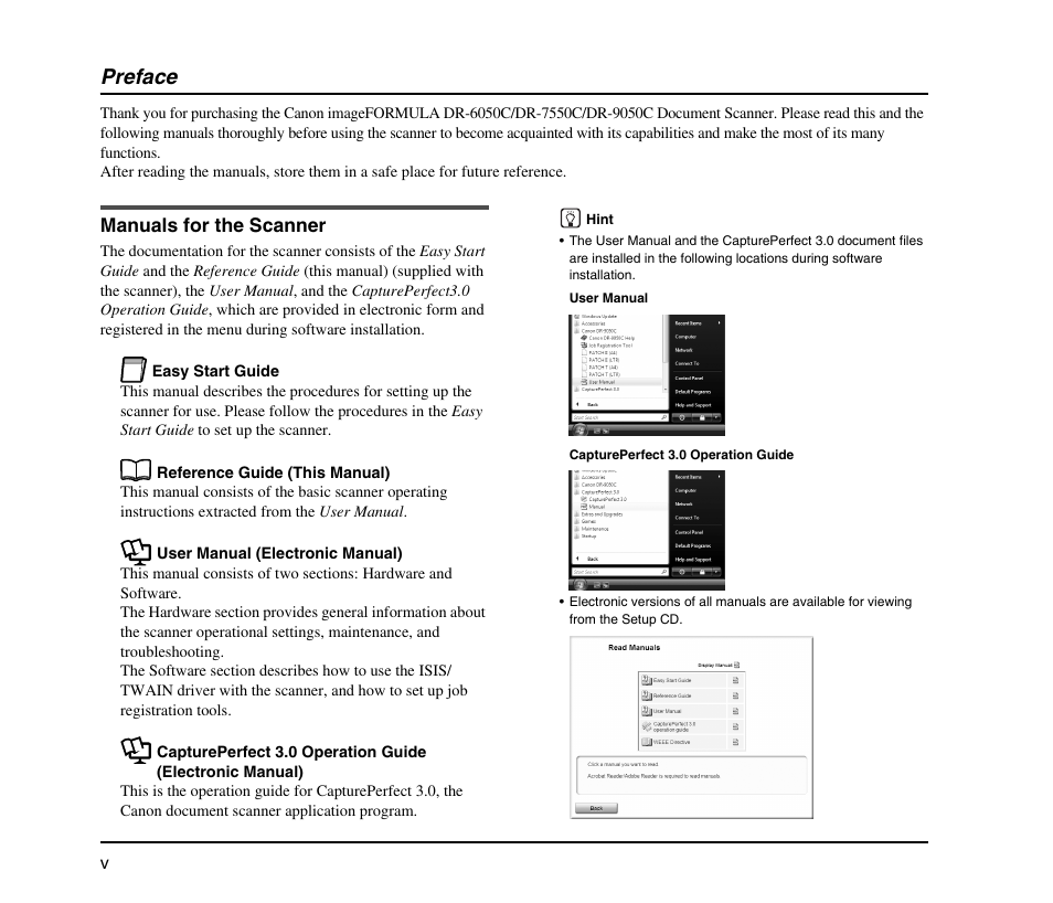 Preface, Manuals for the scanner | Canon IMAGE FORMULA DR-9050C User Manual | Page 6 / 68