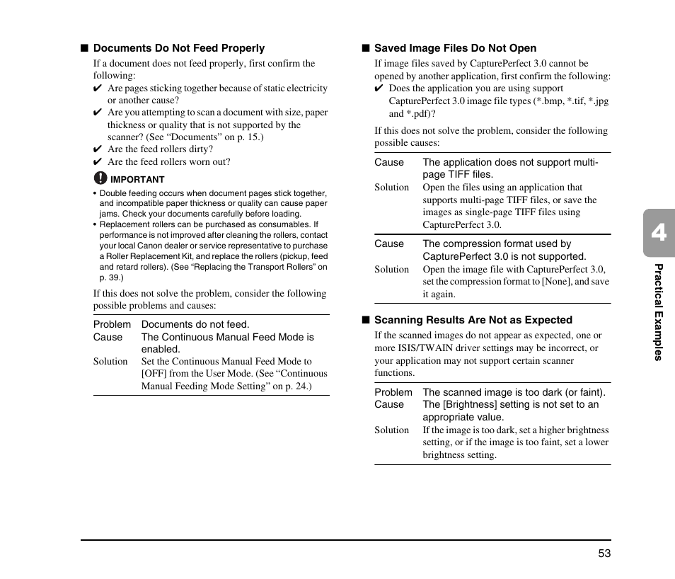 Documents do not feed properly (see p. 53), Saved image files do not open (see p. 53), Scanning results are not as expected (see p. 53) | Canon IMAGE FORMULA DR-9050C User Manual | Page 61 / 68