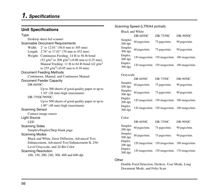 Specifications, Unit specifications | Canon IMAGE FORMULA DR-9050C User Manual | Page 64 / 68