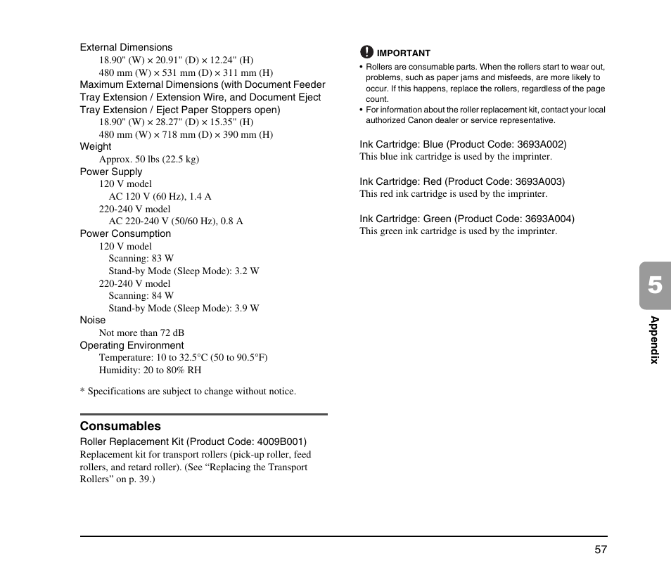 Consumables | Canon IMAGE FORMULA DR-9050C User Manual | Page 65 / 68