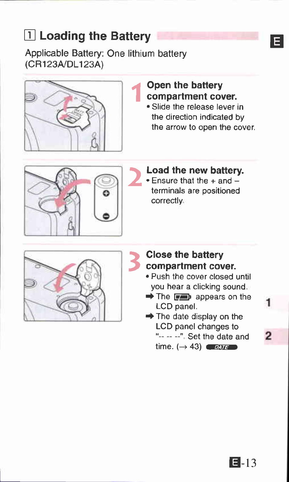 Open the battery compartment cover, Load the new battery, Close the battery compartment cover | B-13, H] loading the battery | Canon SURE SHOT 105 ZOOM S User Manual | Page 13 / 51