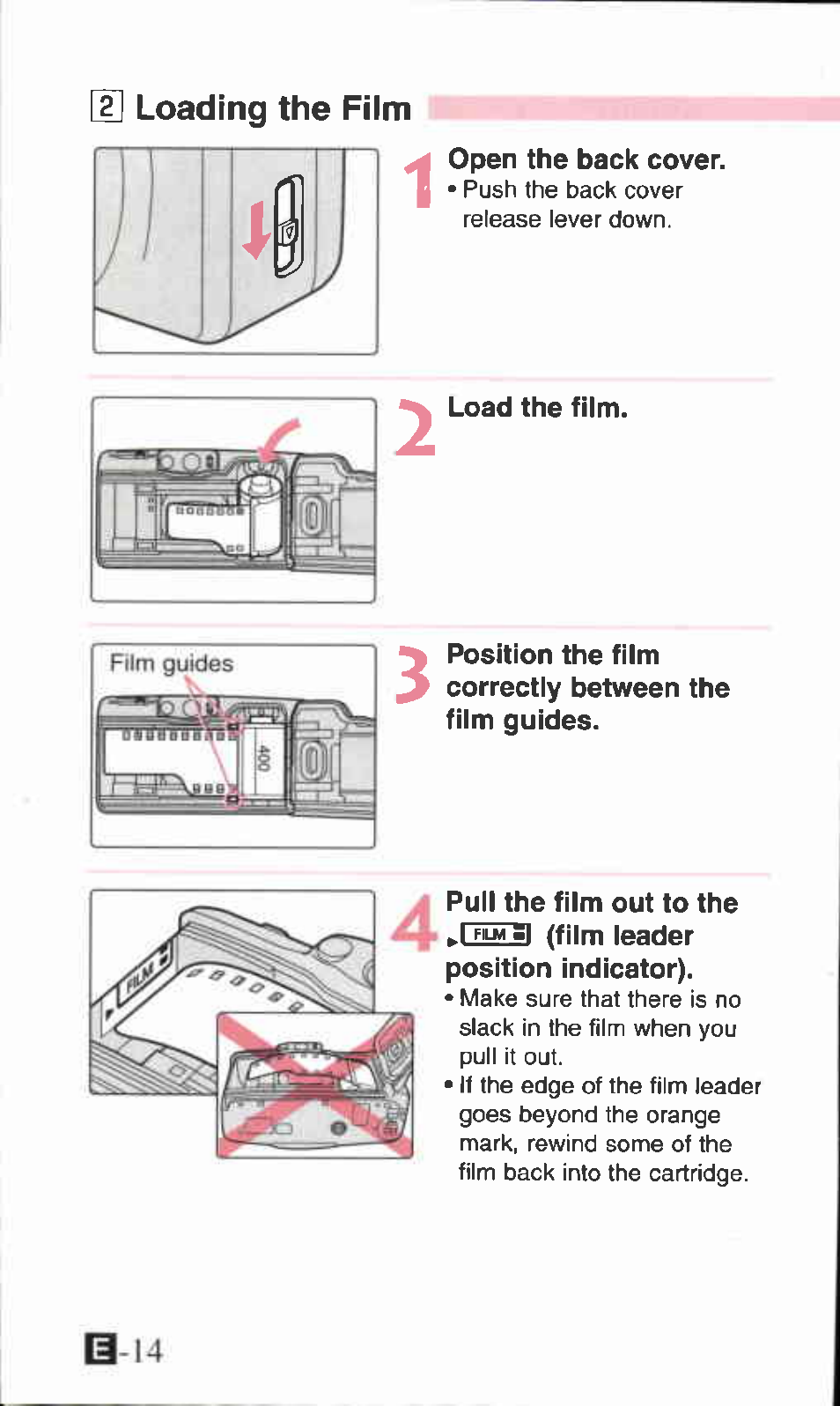 Open the back cover, Load the film, I1-i4 | Loading the film 1 | Canon SURE SHOT 105 ZOOM S User Manual | Page 14 / 51