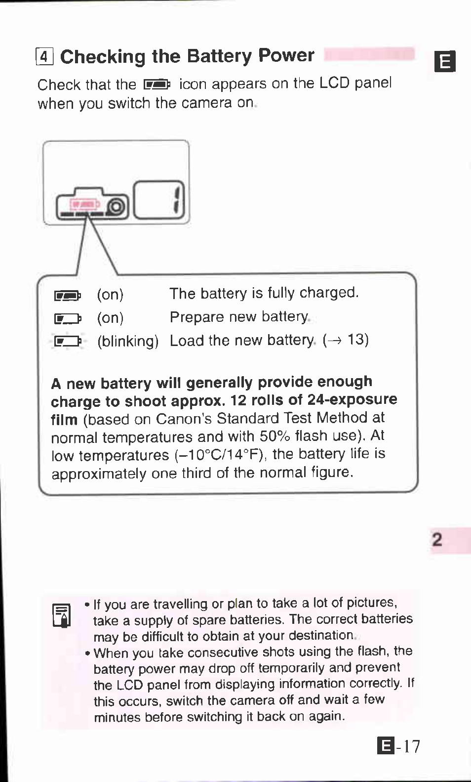 H] checking the battery power | Canon SURE SHOT 105 ZOOM S User Manual | Page 17 / 51