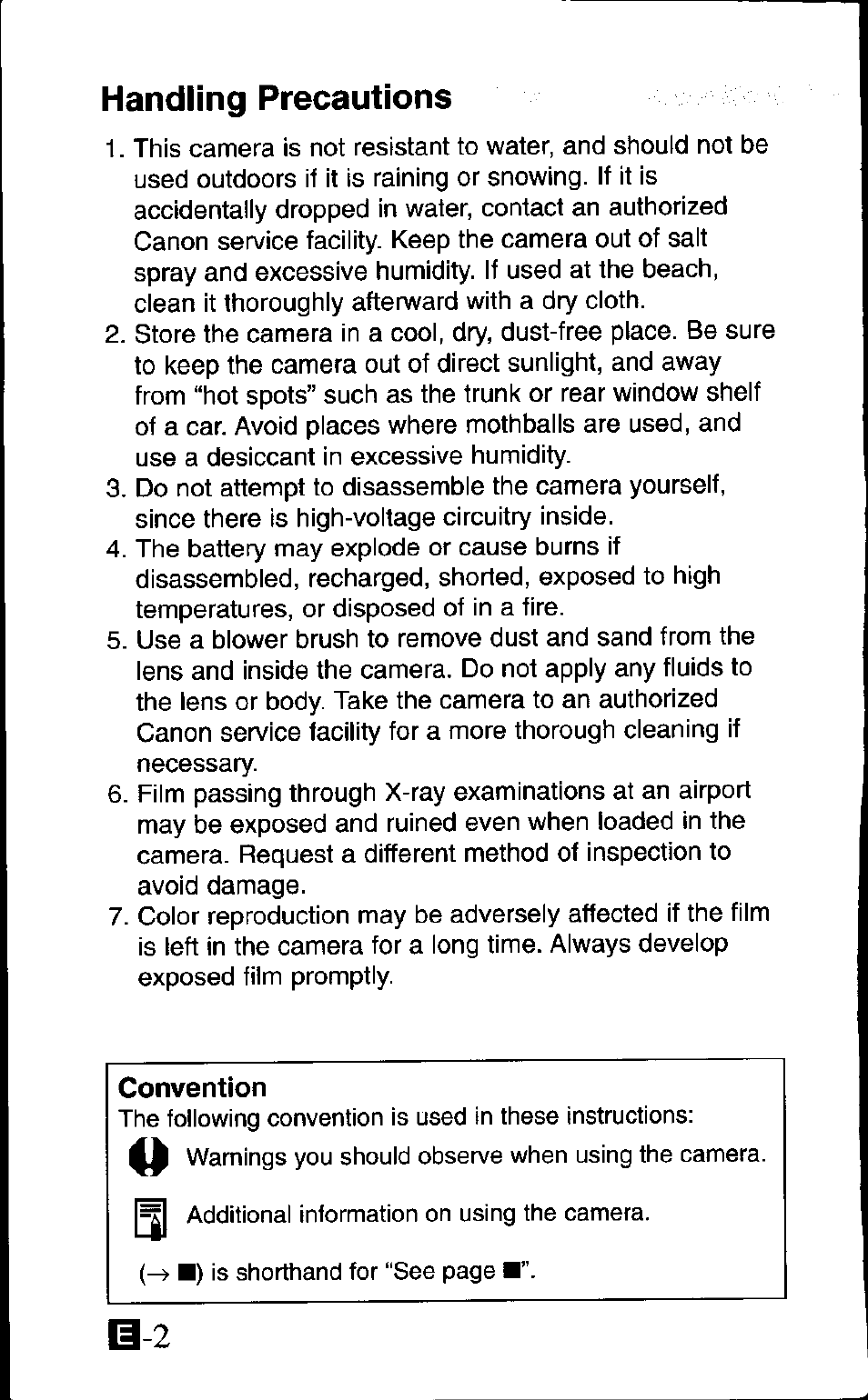 Handling precautions, Convention | Canon SURE SHOT 105 ZOOM S User Manual | Page 2 / 51
