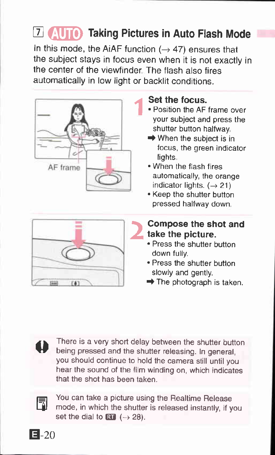 0qse) taking pictures in auto flash mode, Set the focus, Compose the shot and take the picture | Canon SURE SHOT 105 ZOOM S User Manual | Page 20 / 51