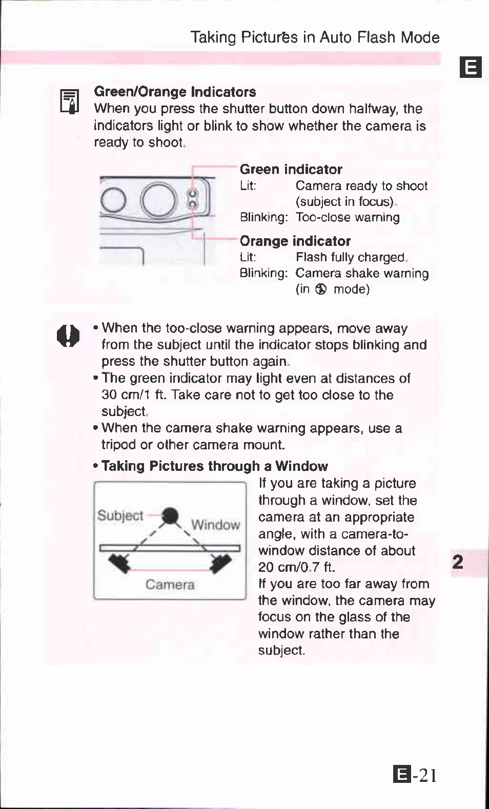 Green/orange indicators, Li-21 | Canon SURE SHOT 105 ZOOM S User Manual | Page 21 / 51
