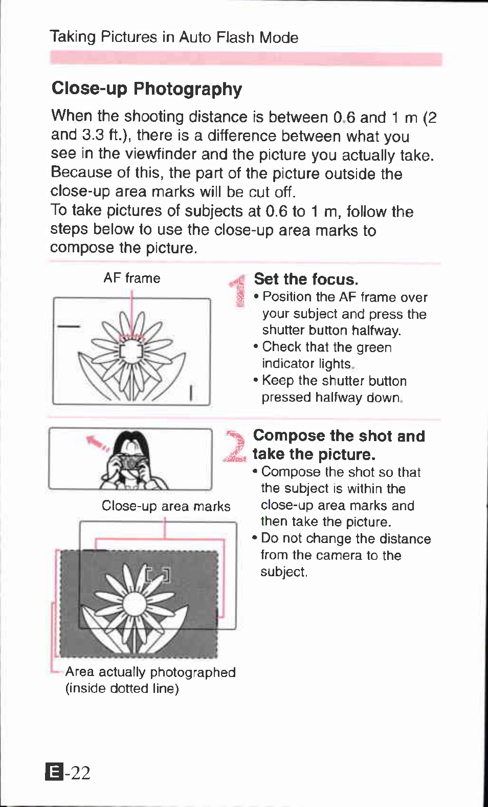 Close-up photography, Set the focus, Compose the shot and | Ciose-up photography | Canon SURE SHOT 105 ZOOM S User Manual | Page 22 / 51