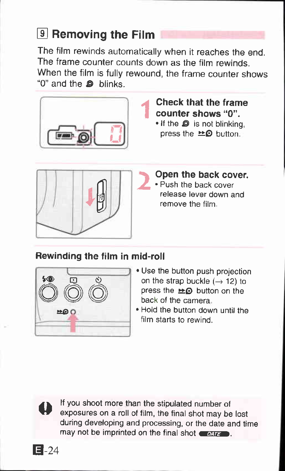 Check that the frame counter shows “0, Open the back cover, Rewinding the fiim in mid-roii | U removing the film | Canon SURE SHOT 105 ZOOM S User Manual | Page 24 / 51