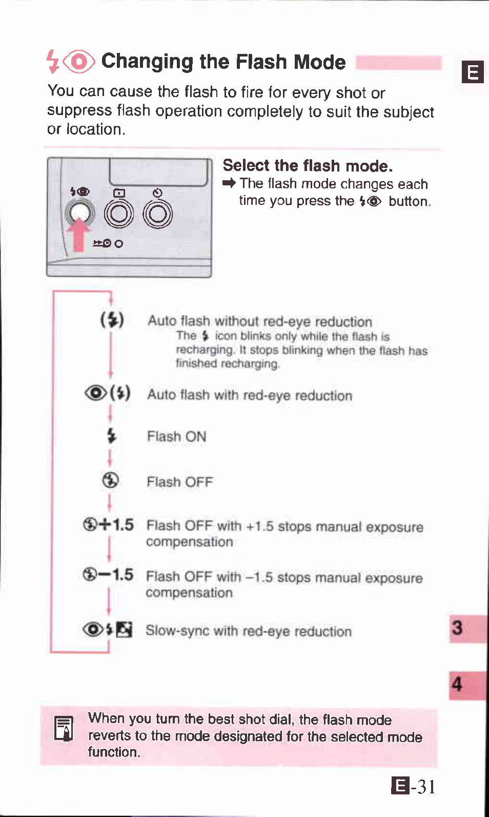 G> changing the flash mode, Select the flash mode, Changing the flash mode | B-31 | Canon SURE SHOT 105 ZOOM S User Manual | Page 31 / 51