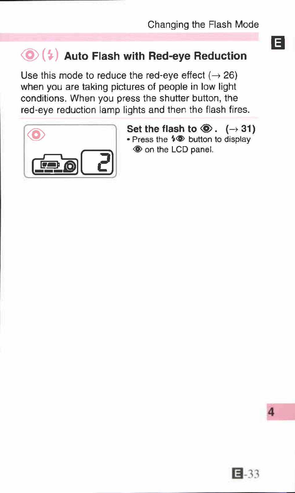 Auto flash with red-eye reduction | Canon SURE SHOT 105 ZOOM S User Manual | Page 33 / 51