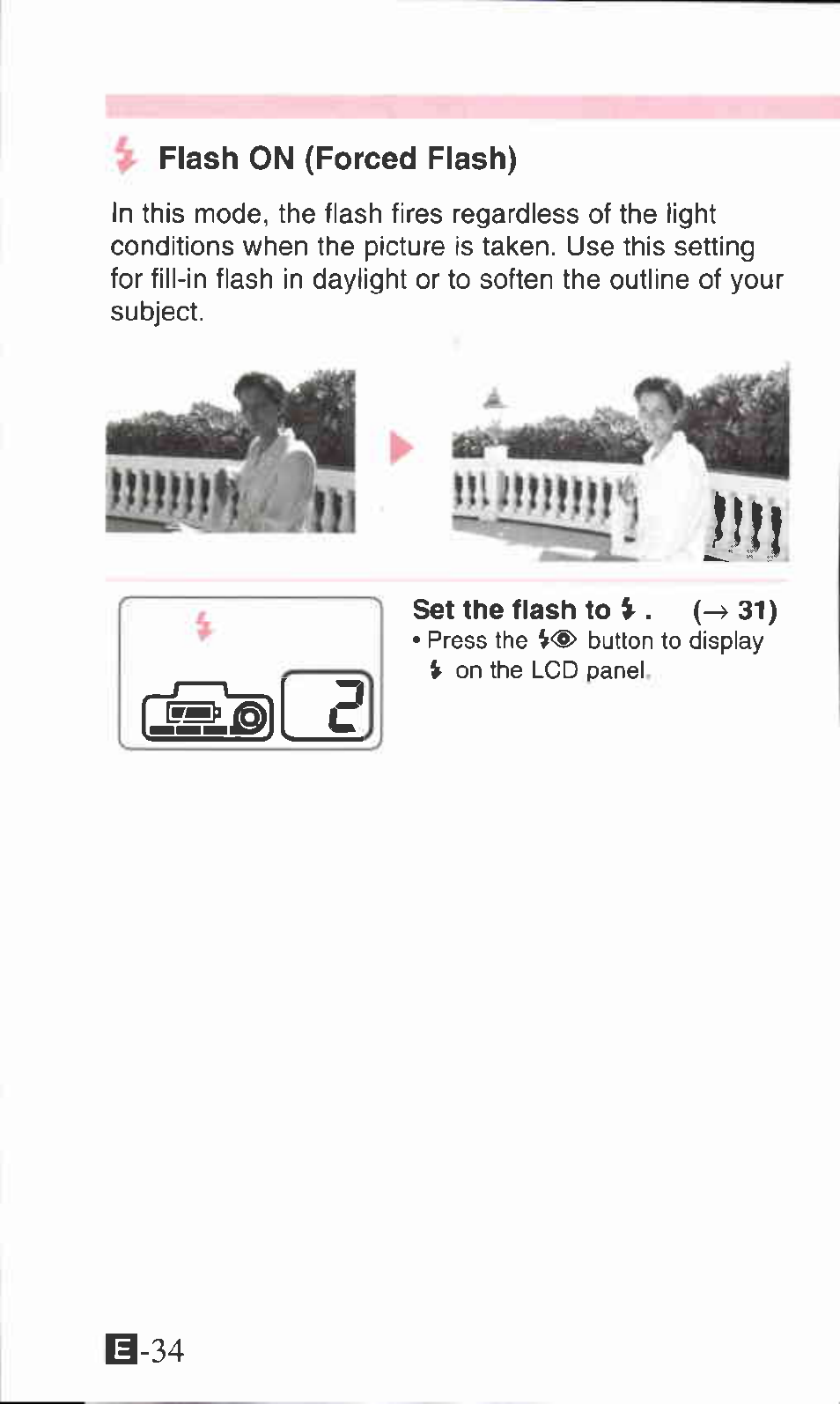 Flash on (forced flash), Limy, Mfimih | Canon SURE SHOT 105 ZOOM S User Manual | Page 34 / 51