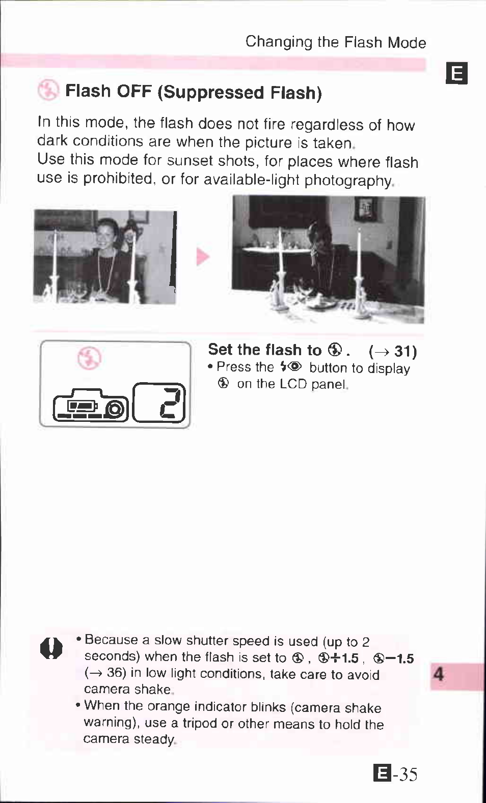 Flash off (suppressed flash) | Canon SURE SHOT 105 ZOOM S User Manual | Page 35 / 51