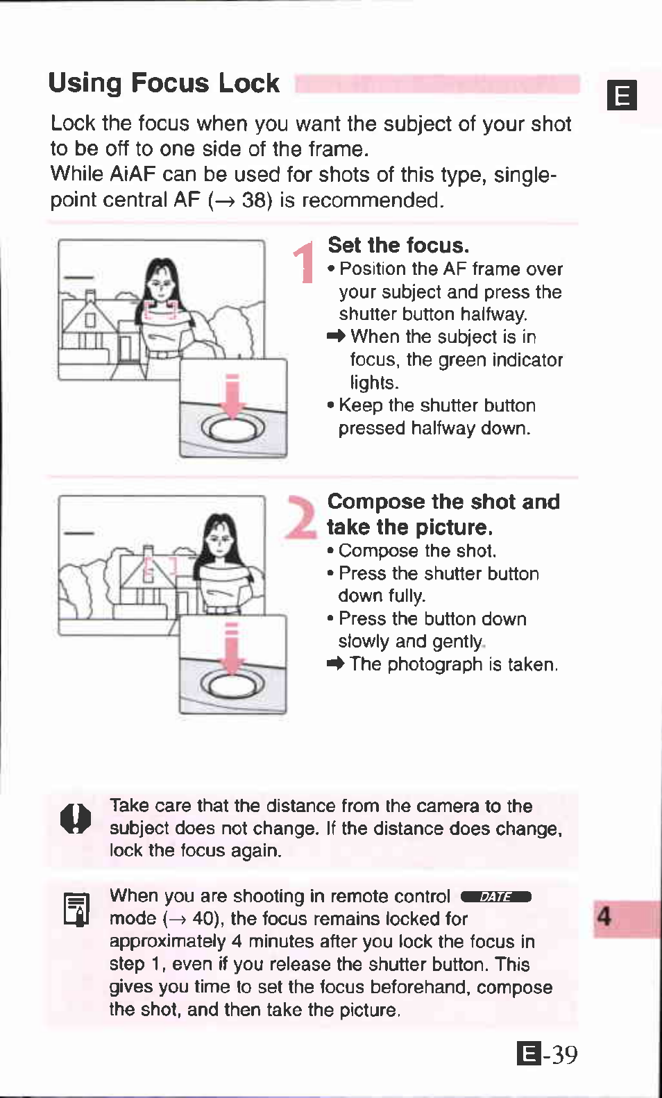 Using focus lock, Set the focus, Compose the shot and take the picture | Canon SURE SHOT 105 ZOOM S User Manual | Page 39 / 51