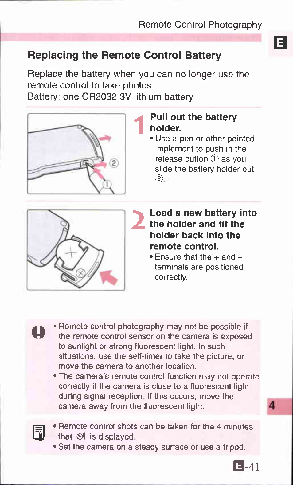 Replacing the remote control battery, Pull out the battery holder, B-41 | Canon SURE SHOT 105 ZOOM S User Manual | Page 41 / 51