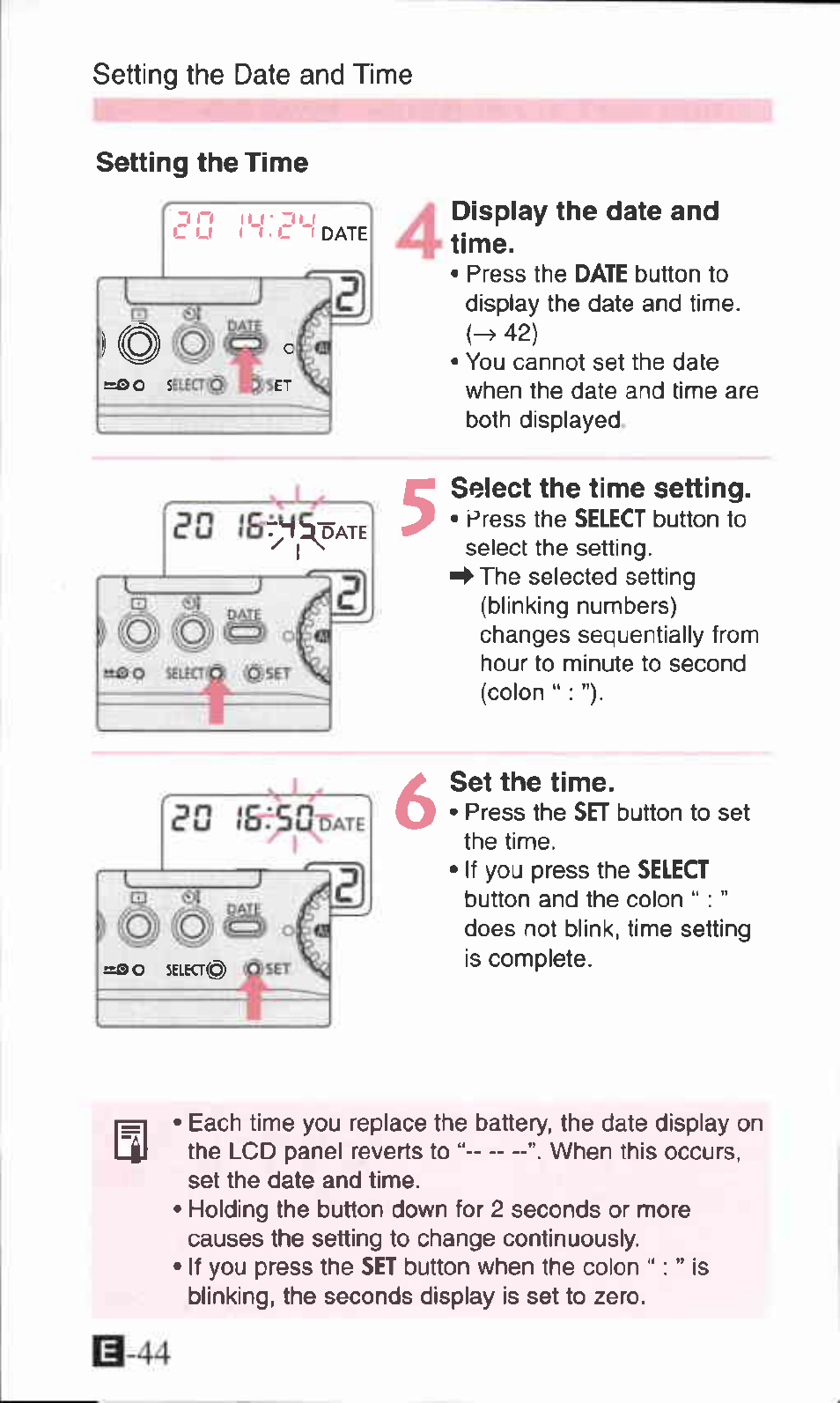 Setting the time, Dispiay the date and ■ time, Select the time setting | Set the time | Canon SURE SHOT 105 ZOOM S User Manual | Page 44 / 51