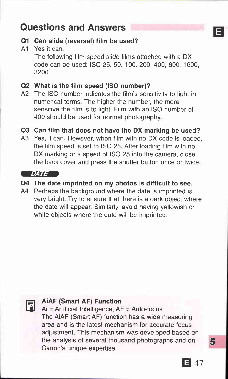 Questions and answers, Q2 what is the film speed (iso number), Aiaf (smart af) function | Questions and answers aiaf (smart af) function | Canon SURE SHOT 105 ZOOM S User Manual | Page 47 / 51