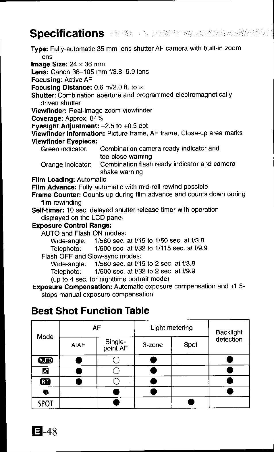 Specifications, Best shot function table | Canon SURE SHOT 105 ZOOM S User Manual | Page 48 / 51