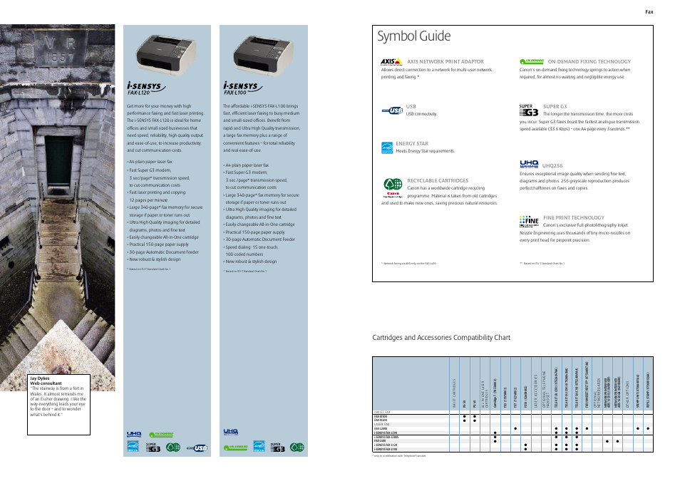 Symbol guide, Cartridges and accessories compatibility chart | Canon Fax User Manual | Page 4 / 7