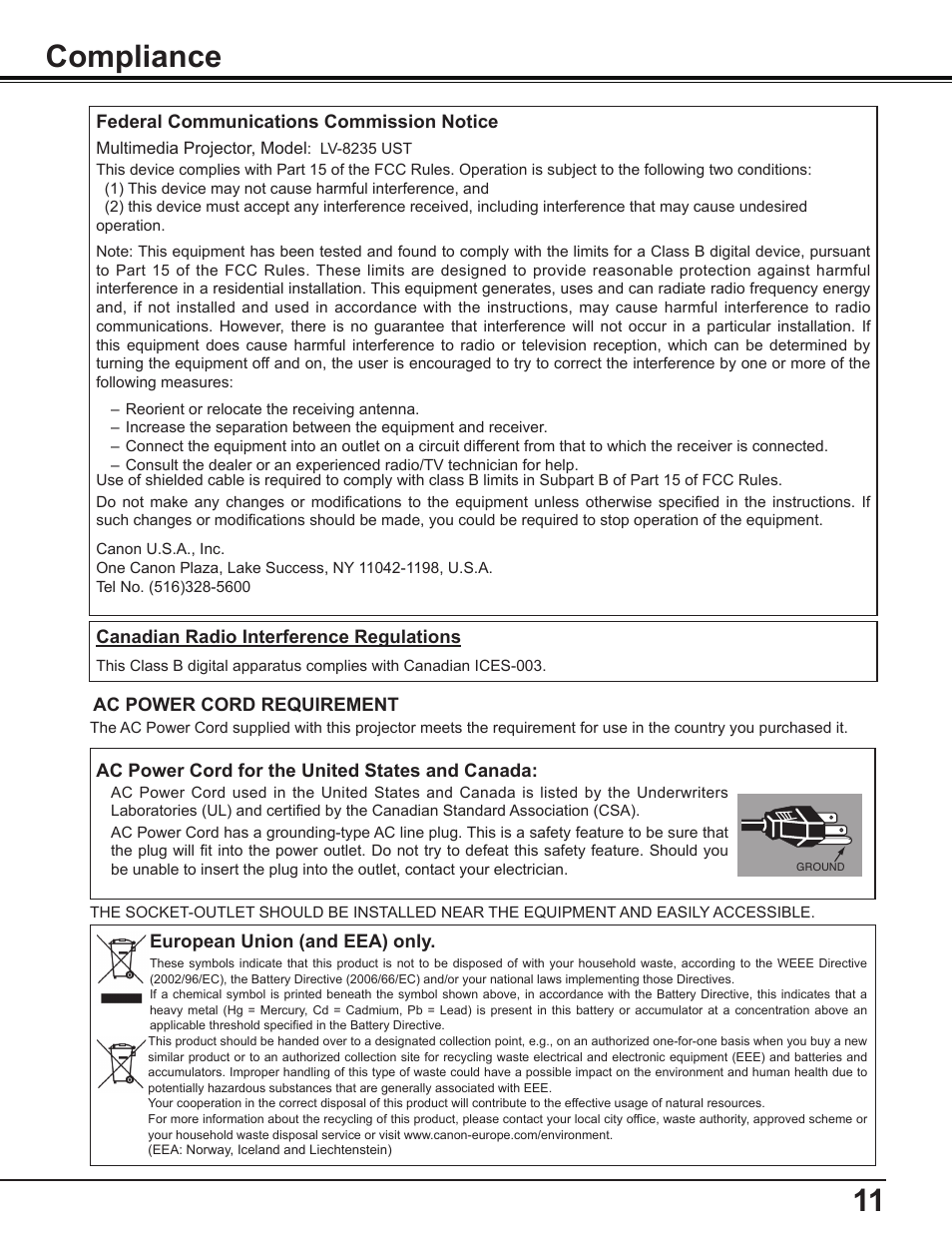 Compliance, 11 compliance | Canon Multimedia Projector LV-8235 UST User Manual | Page 11 / 84