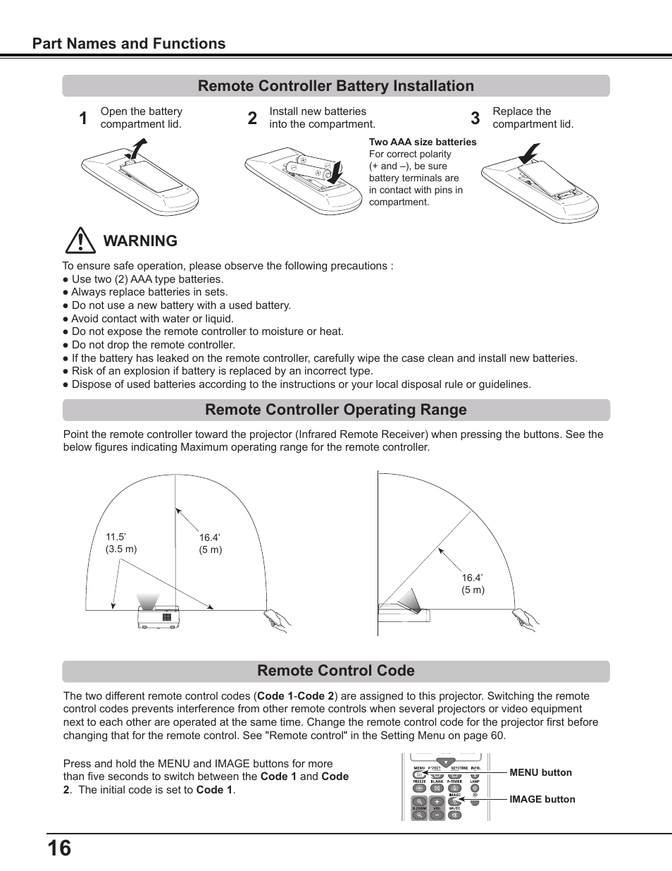 Remote controller battery installation, Remote controller operating range, Remote control code | Part names and functions, Warning | Canon Multimedia Projector LV-8235 UST User Manual | Page 16 / 84