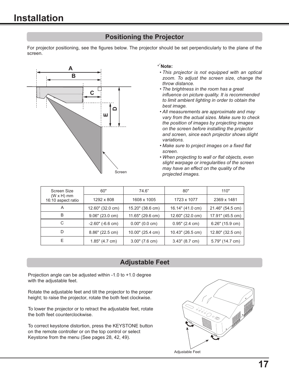 Installation, Positioning the projector, Adjustable feet | Canon Multimedia Projector LV-8235 UST User Manual | Page 17 / 84