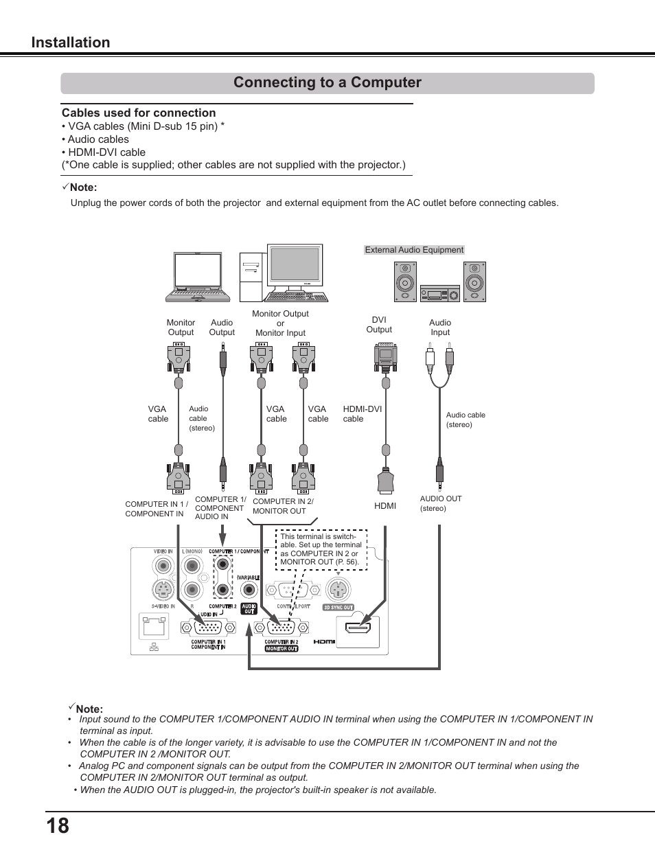 Connecting to a computer, Installation connecting to a computer, Cables used for connection | Canon Multimedia Projector LV-8235 UST User Manual | Page 18 / 84
