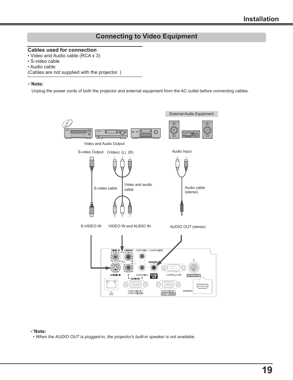 Connecting to video equipment, Installation connecting to video equipment | Canon Multimedia Projector LV-8235 UST User Manual | Page 19 / 84