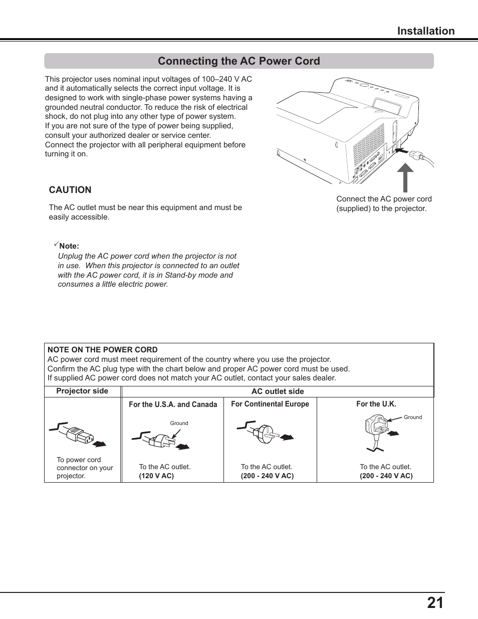 Connecting the ac power cord, Installation connecting the ac power cord | Canon Multimedia Projector LV-8235 UST User Manual | Page 21 / 84