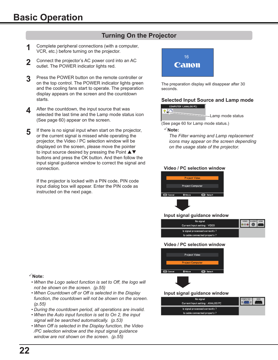 Basic operation, Turning on the projector | Canon Multimedia Projector LV-8235 UST User Manual | Page 22 / 84