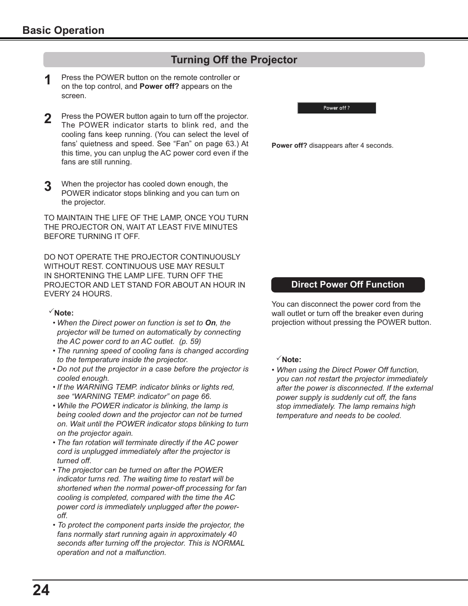 Turning off the projector, Basic operation | Canon Multimedia Projector LV-8235 UST User Manual | Page 24 / 84
