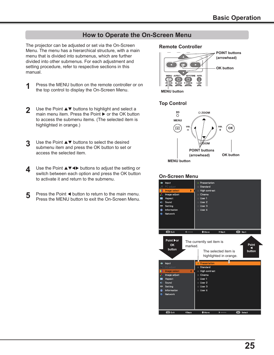 How to operate the on-screen menu, Basic operation | Canon Multimedia Projector LV-8235 UST User Manual | Page 25 / 84