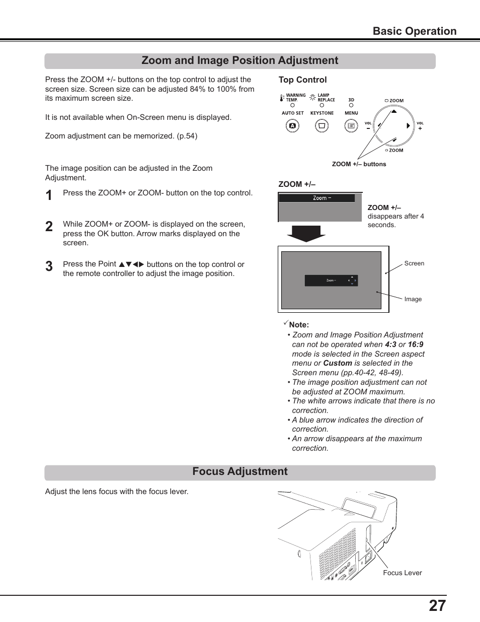 Zoom and image position adjustment, Focus adjustment, Basic operation | Canon Multimedia Projector LV-8235 UST User Manual | Page 27 / 84