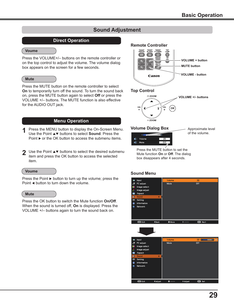 Sound adjustment, Basic operation sound adjustment | Canon Multimedia Projector LV-8235 UST User Manual | Page 29 / 84