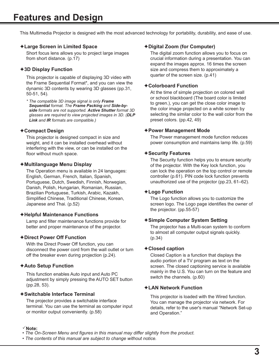 Features and design, 3features and design | Canon Multimedia Projector LV-8235 UST User Manual | Page 3 / 84